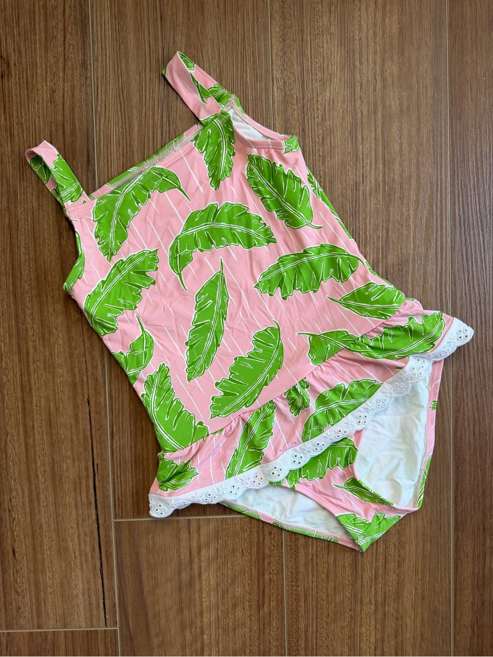 The Beaufort Bonnet Company | Pink with Green Leaf Print Ruffle swimsuit